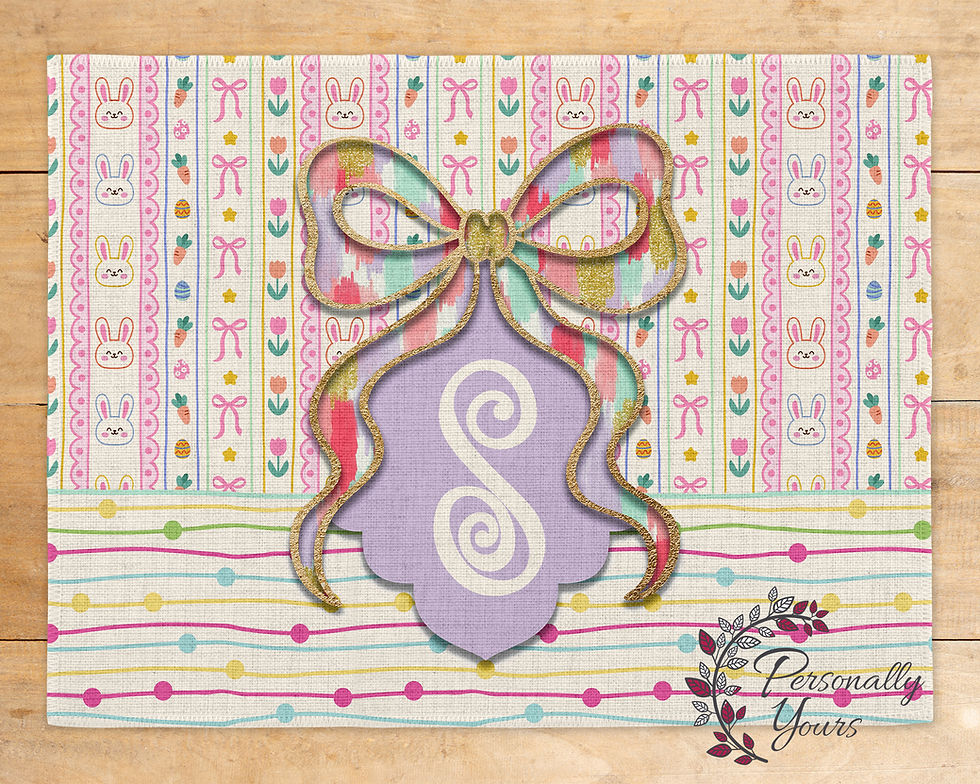 Personalized Easter bunny placemat with pastel stripes, bow design and custom monogram displayed on rustic table background