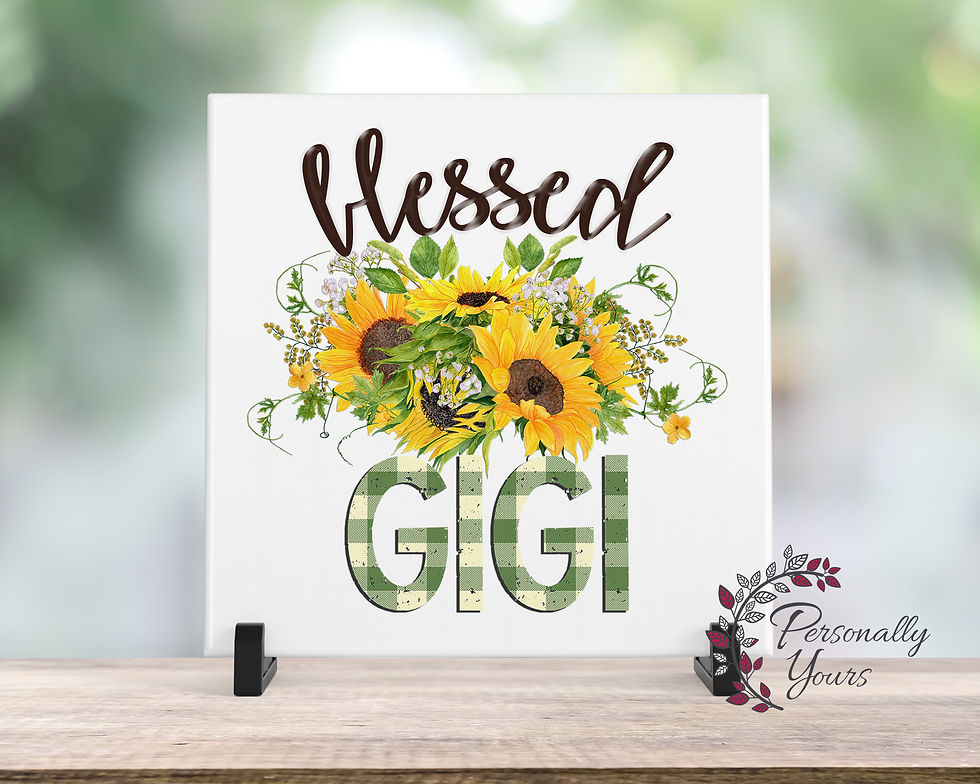 Blessed Gigi farmhouse style tile decor with buffalo plaid text