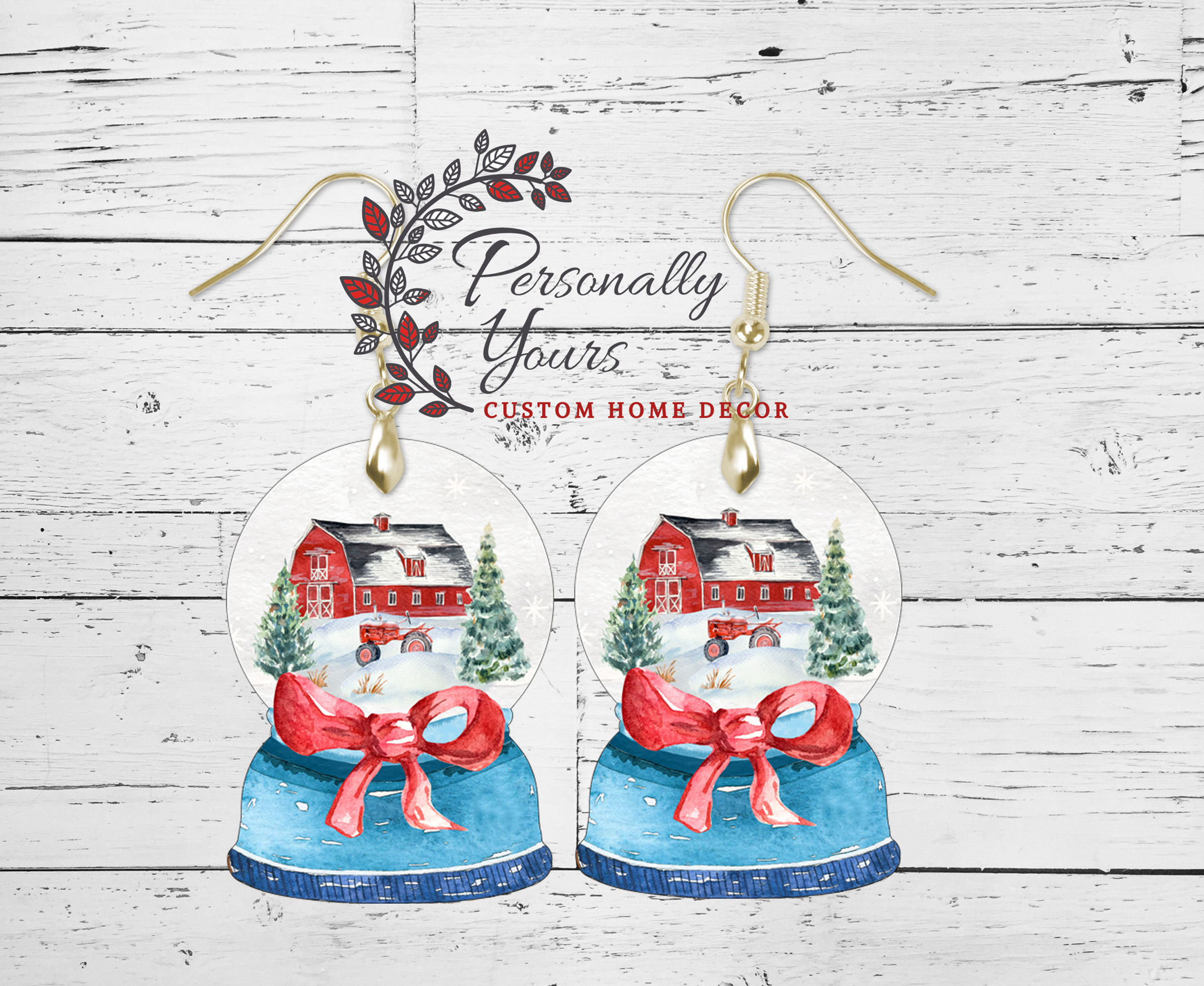 "Winter Red Barn" Snow Globe Earrings