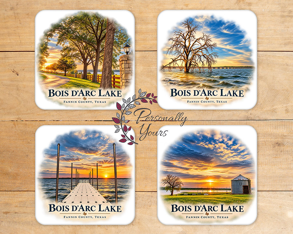 Set of four Bois d’Arc Lake coasters featuring local Fannin County Texas lake photography