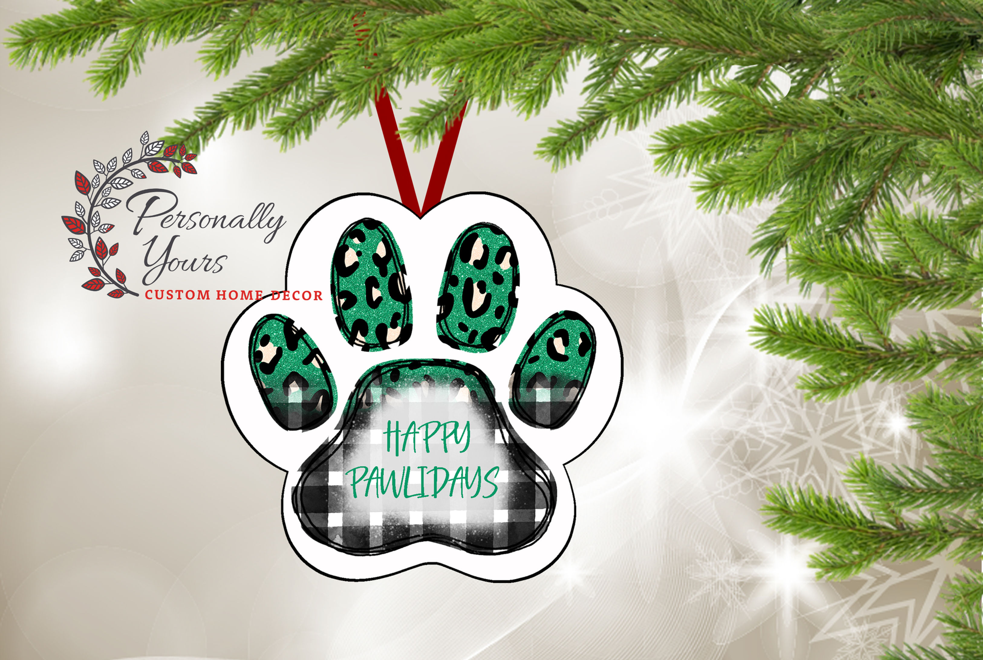 "Green Leopard n Buffalo Plaid Happy Pawlidays" Paw Print Ornament