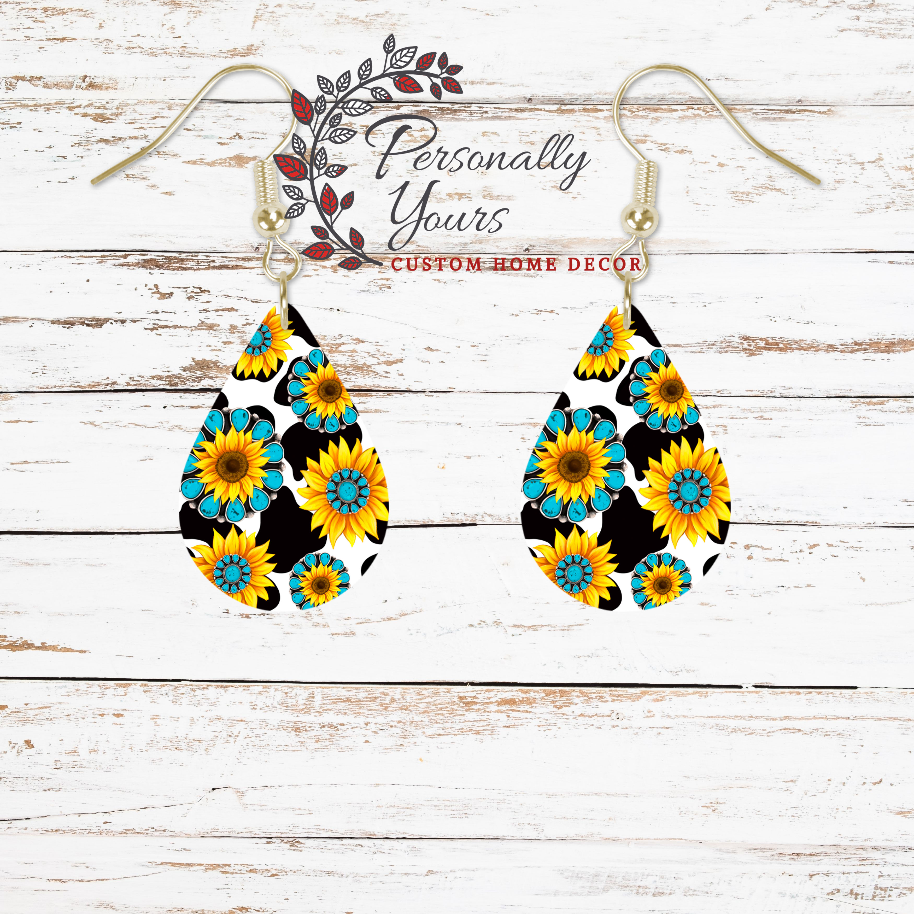 "Black Cowhide Mini Turquoise Sunflowers" Teardrop Earrings