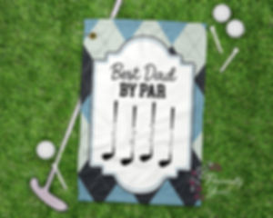 Personalized Best Dad By Par golf towel with custom golf clubs featuring family names on a blue argyle background.