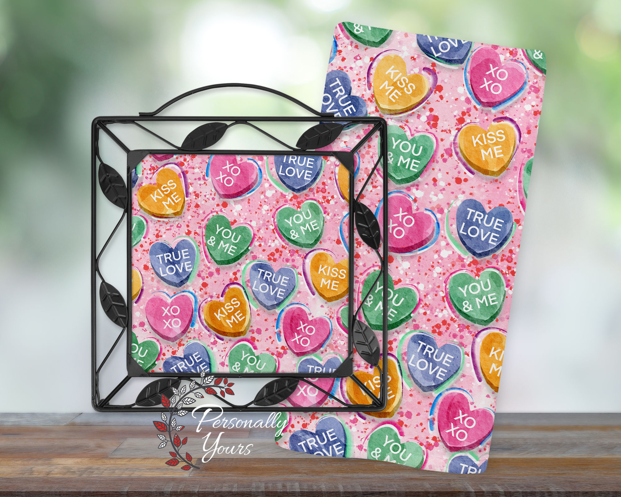 Personalized candy hearts Valentine kitchen gift set with trivet, holder, and coordinating towel