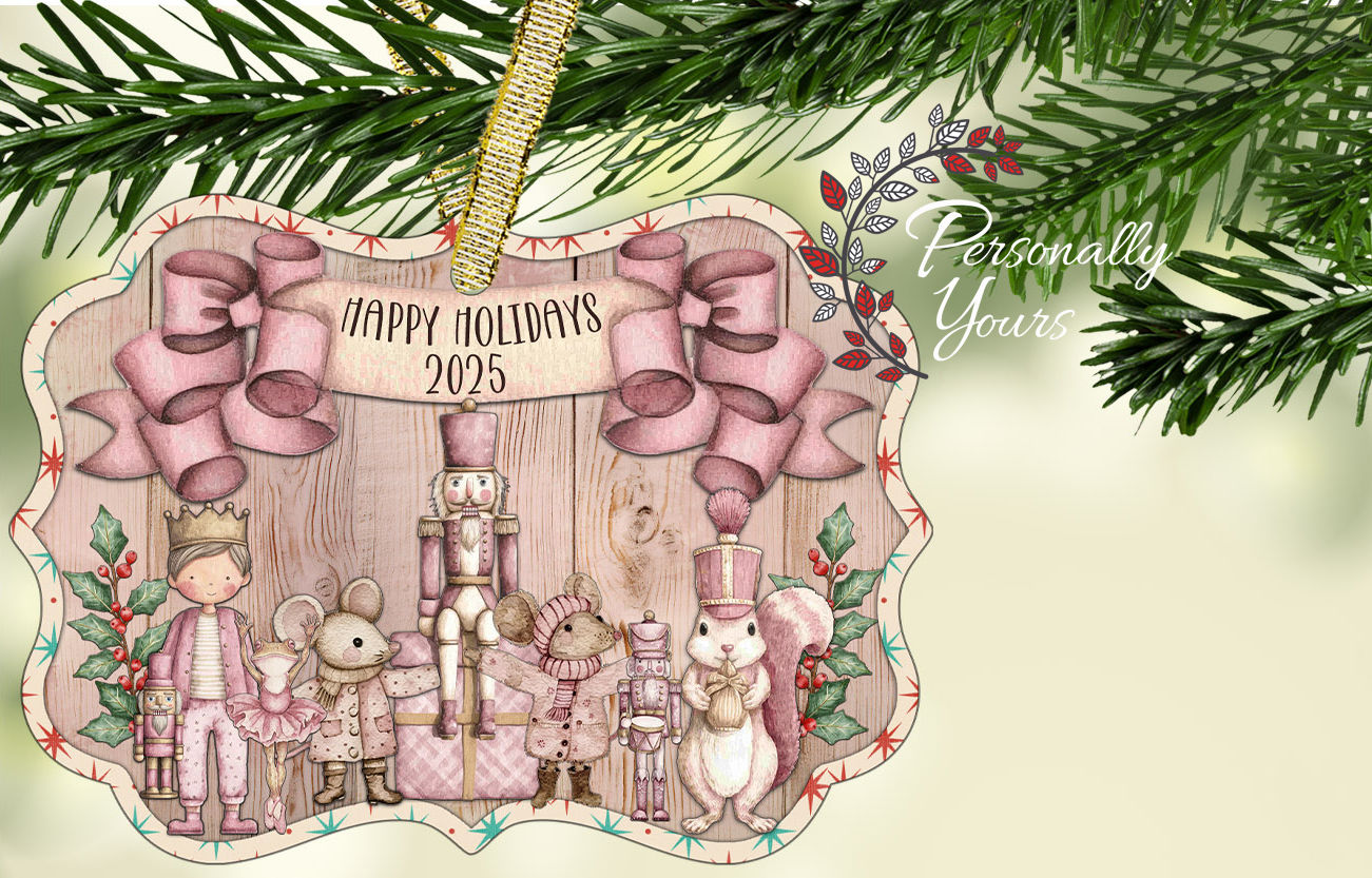 Pink Nutcracker Christmas ornament with ballerina, toy soldiers, and woodland characters.