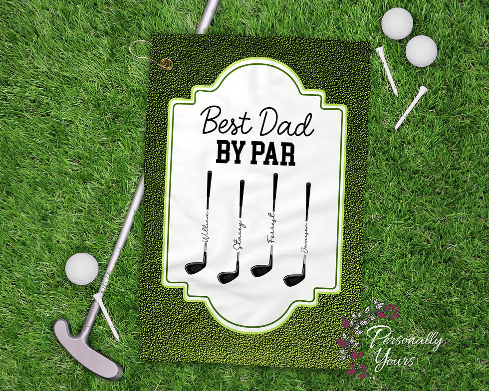 Personalized Best Dad By Par golf towel with custom golf club names on a golf turf green background.