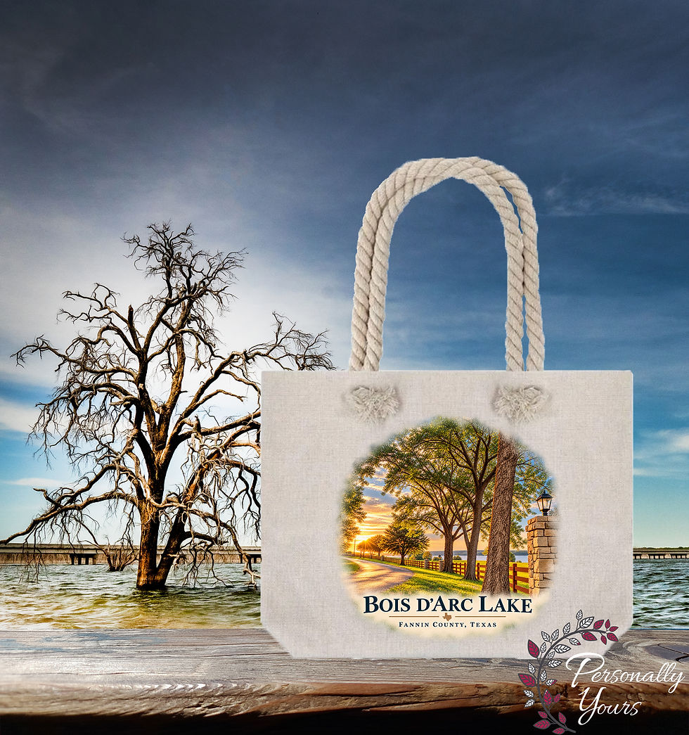 Bois d’Arc Lake rope handle tote bag featuring scenic entrance design, Fannin County Texas
