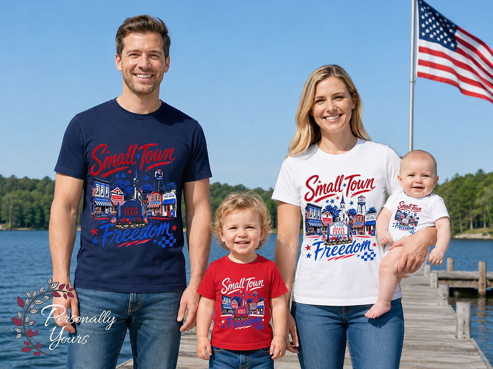 Small Town Freedom Bonham Texas patriotic family shirts in red, white and navy