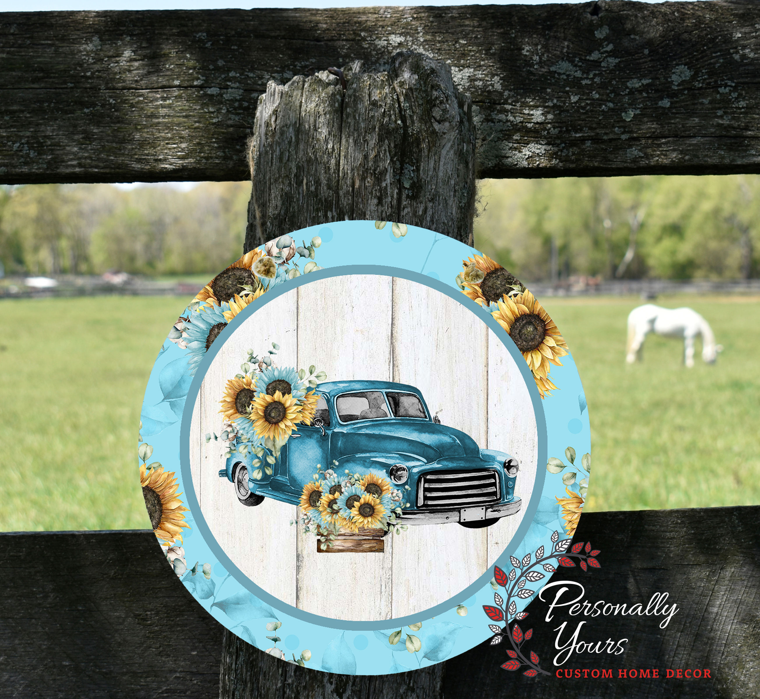 "Farmhouse Old Teal Truck n Sunflowers" Round Door Hanger
