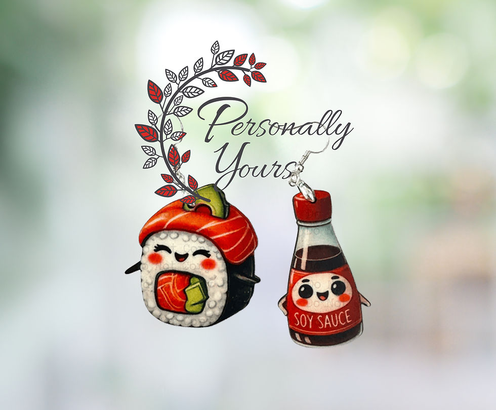 Sushi roll and soy sauce foodie earrings with cute smiling food designs