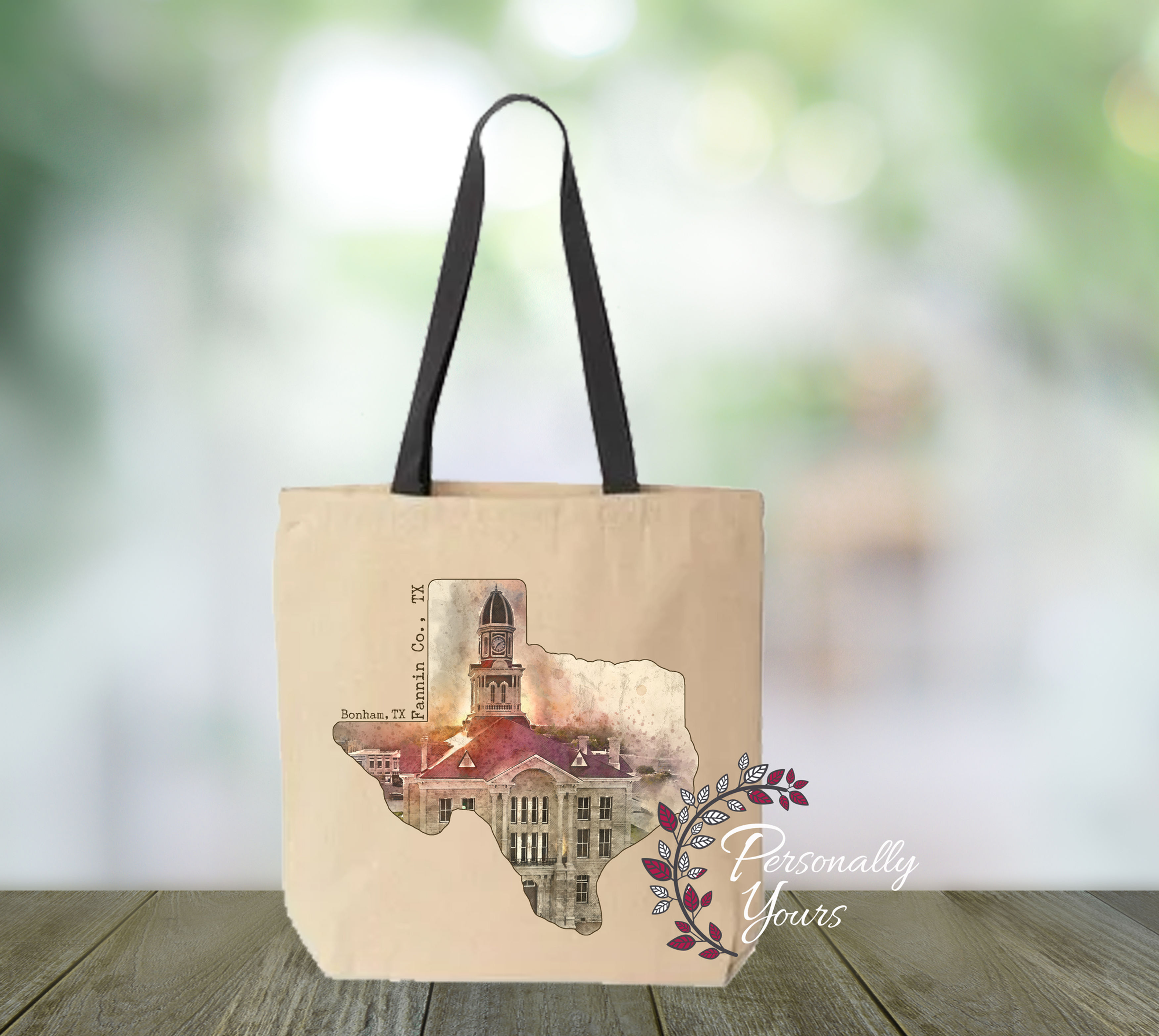 Bonham TX courthouse watercolor canvas tote bag with black handles from the Bonham Heritage Collection