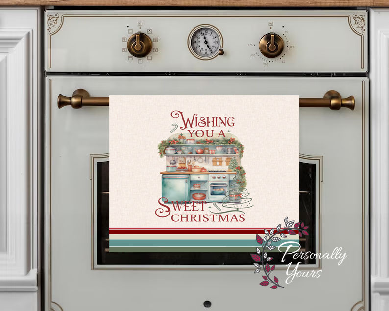 Wishing You a Sweet Christmas fingertip towel, linen background, holiday baking décor