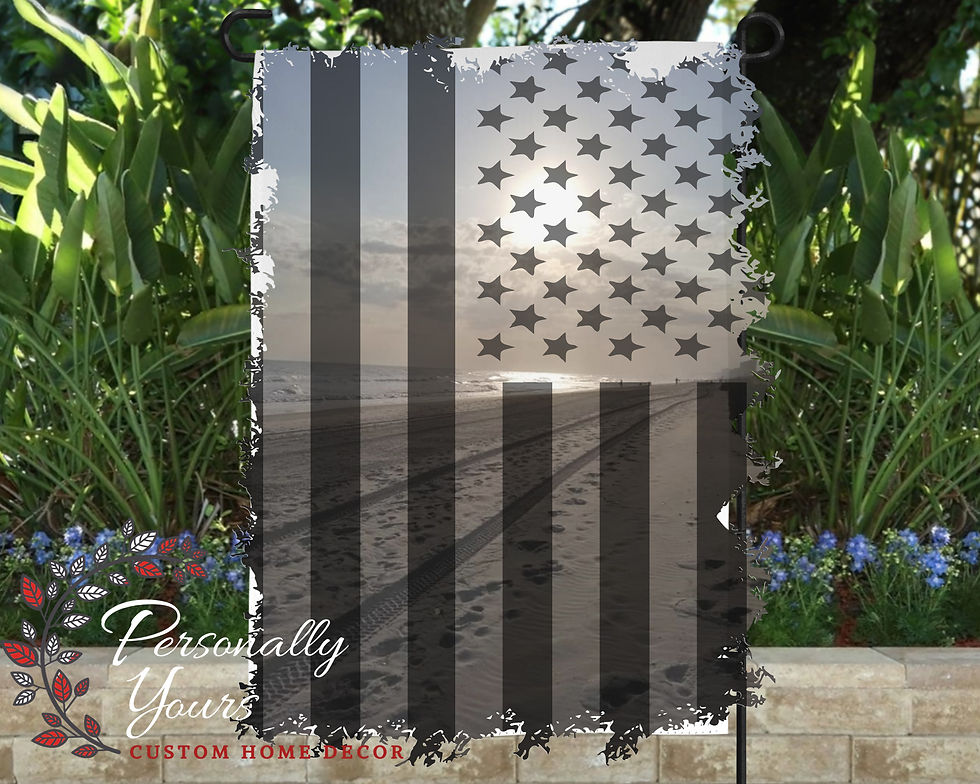 Distressed grey American flag yard flag with beach scene and rustic black and grey patriotic design