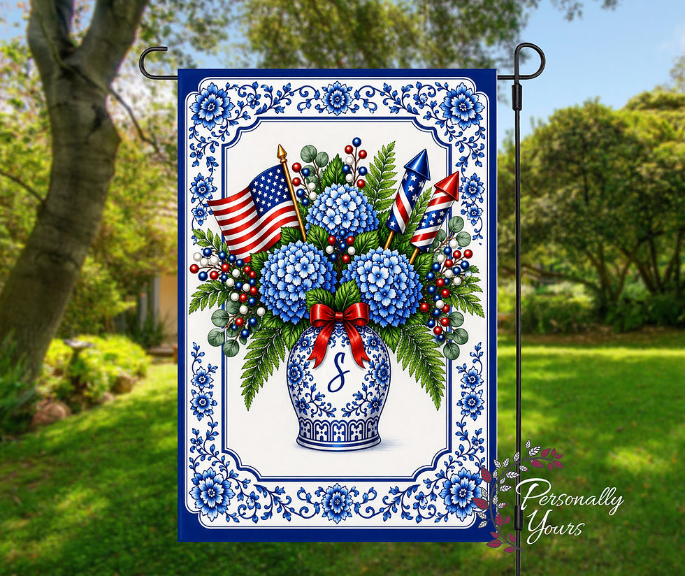 Personalized patriotic chinoiserie garden flag featuring blue hydrangeas, American flag and blue and white accents