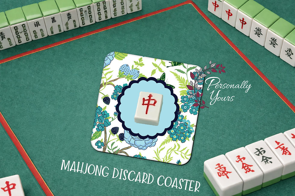 Mahjong discard coaster with floral chinoiserie design and red Mahjong tile center