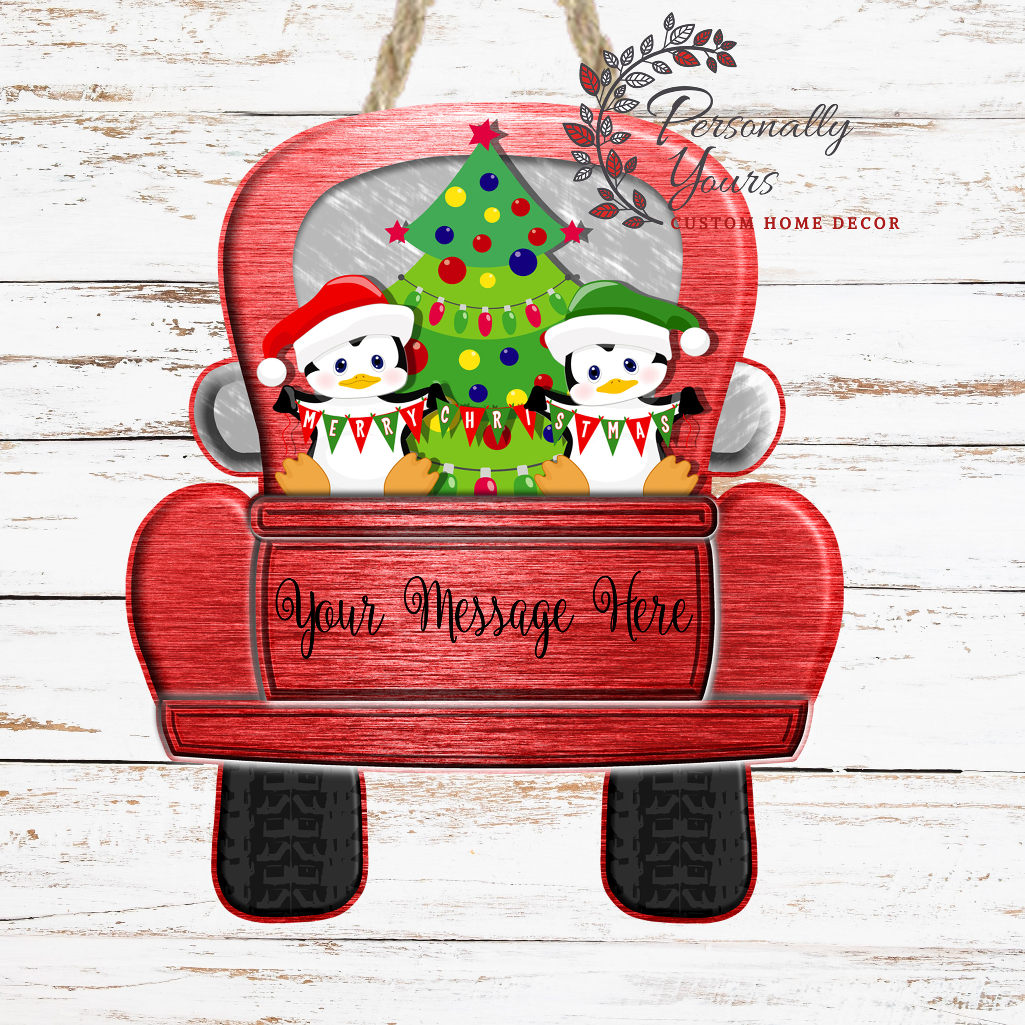 "Holiday Penguins - Personalized Tailgate" Truck Door Hanger