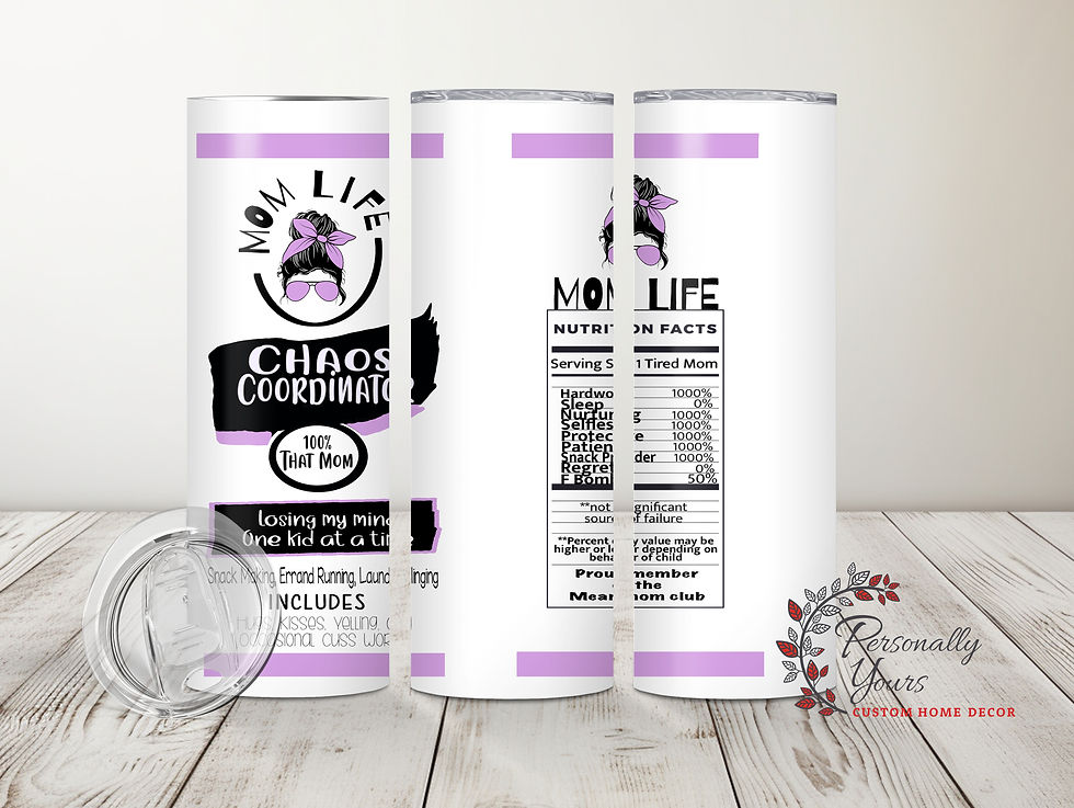Thumbnail: "#MomLife Messy Bun Chaos Coordinator" 20oz Skinny Tumblers