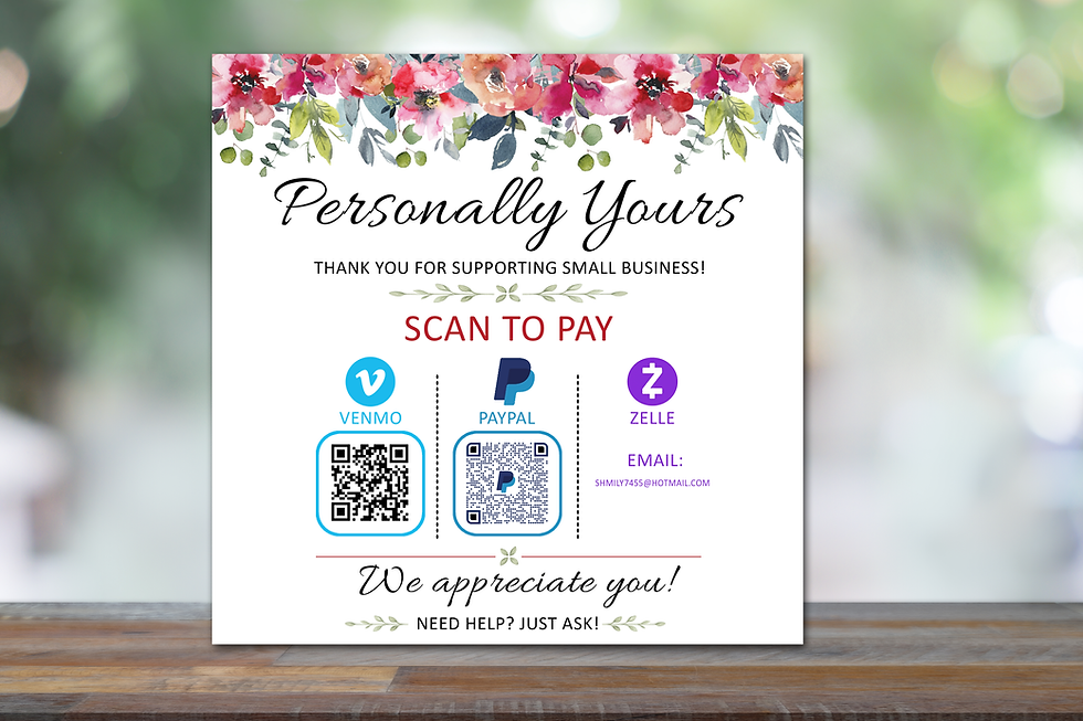 Custom QR code payment sign for small business with Venmo PayPal and Zelle on tabletop display
