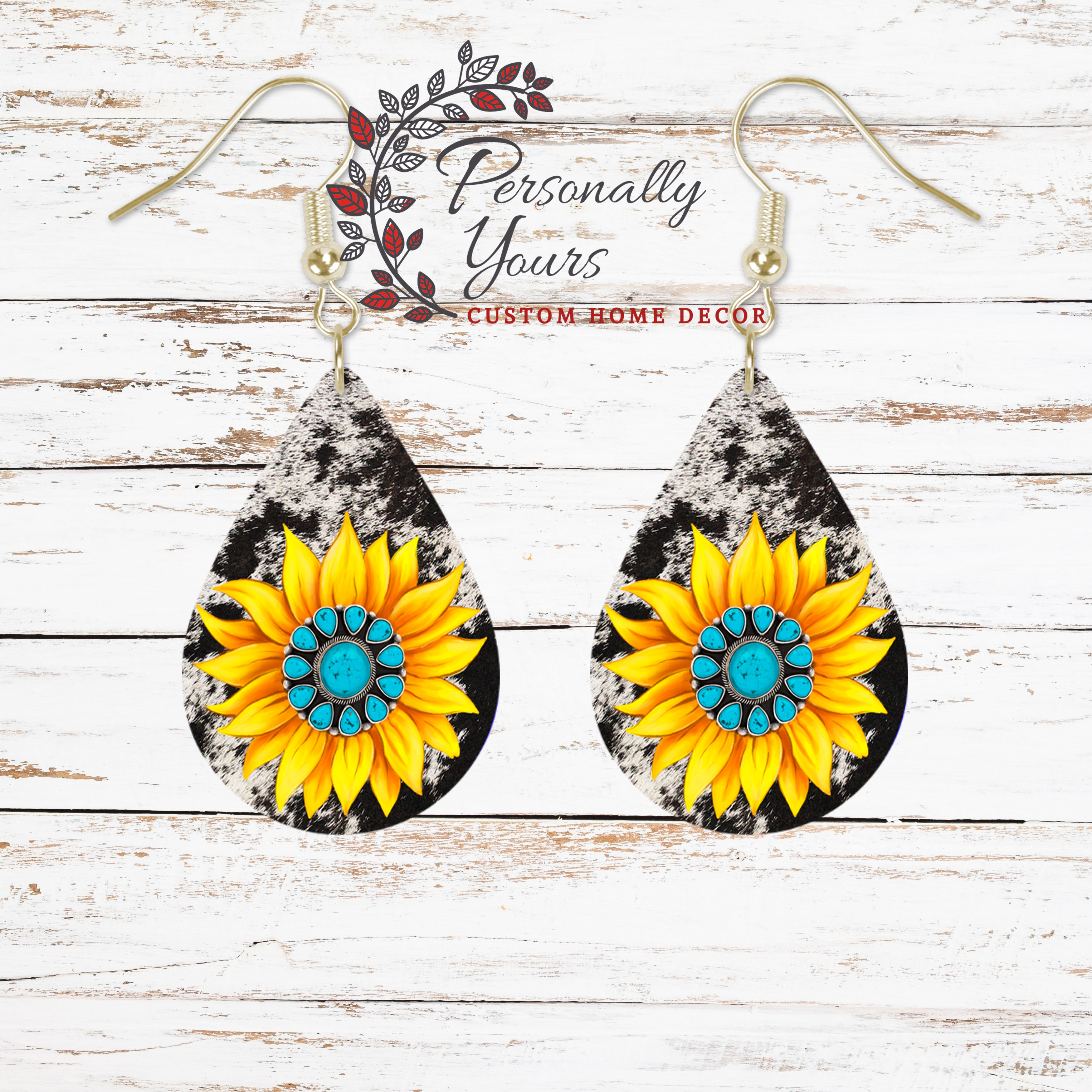 "Natural Black Cowhide Turquoise Sunflower" Teardrop Earrings