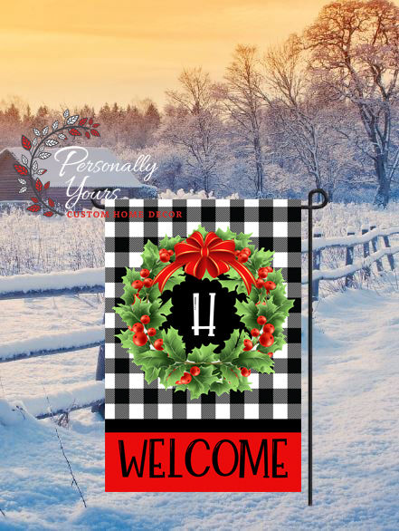 Thumbnail: Personalized "Red Buffalo Plaid Holly Wreath Monogram" Yard Flag