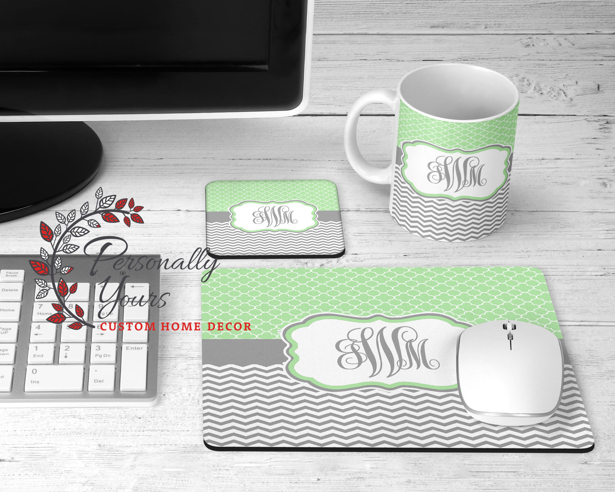 "Green Quatrefoil Grey Chevron Presidio Monogram" Desk Set