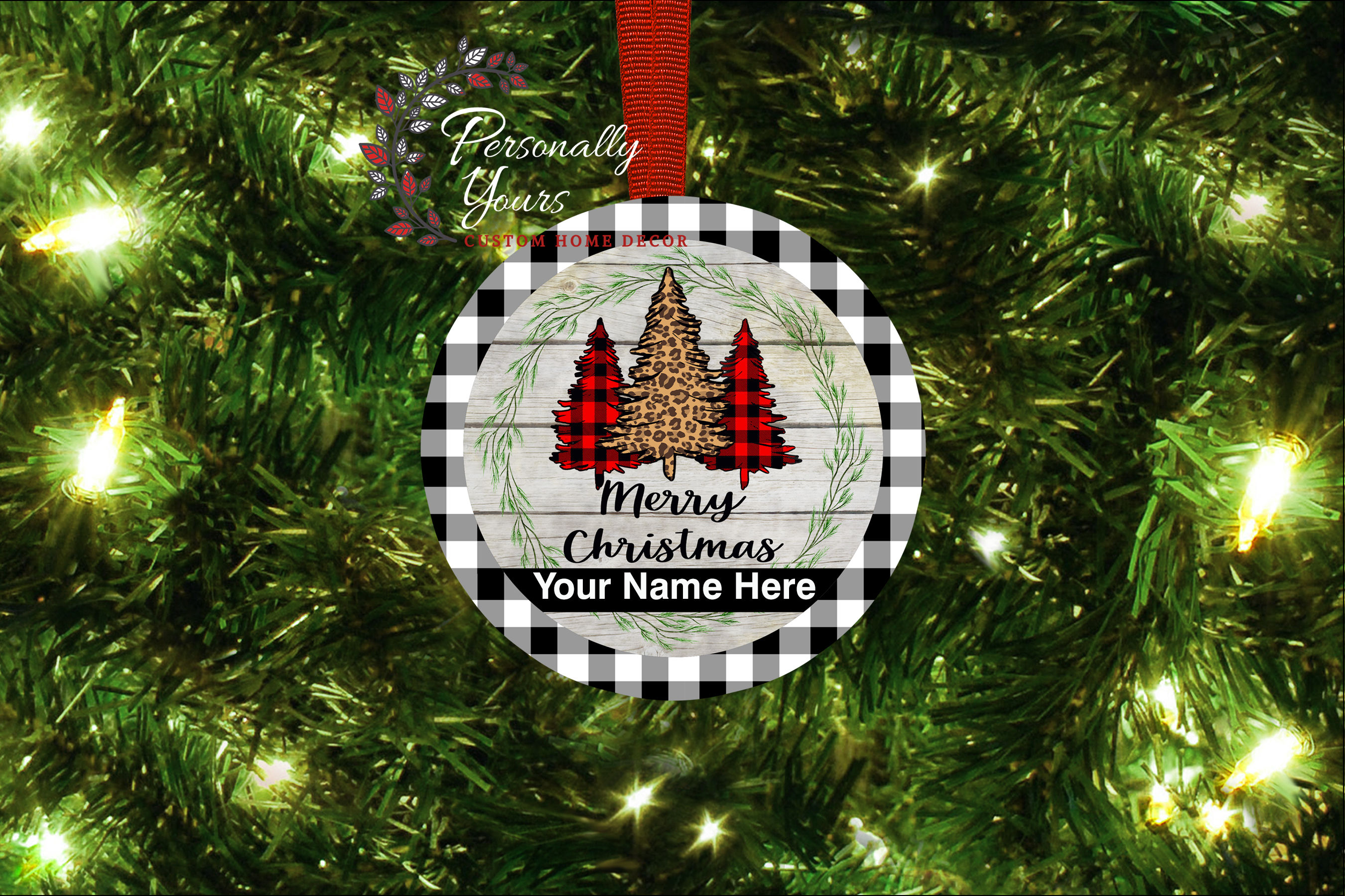 "Merry Christmas Buffalo Plaid n Leopard Trees" Round Ornament