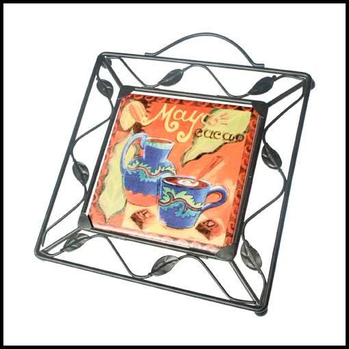 Thumbnail: Black metal trivet holder with decorative leaf design, shown holding a ceramic tile for countertop or shelf display.