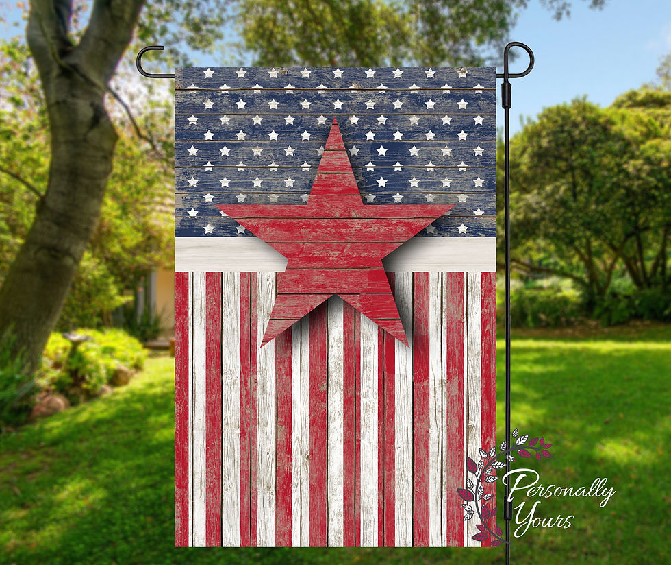Distressed American flag yard flag with large rustic red wooden star and farmhouse patriotic design
