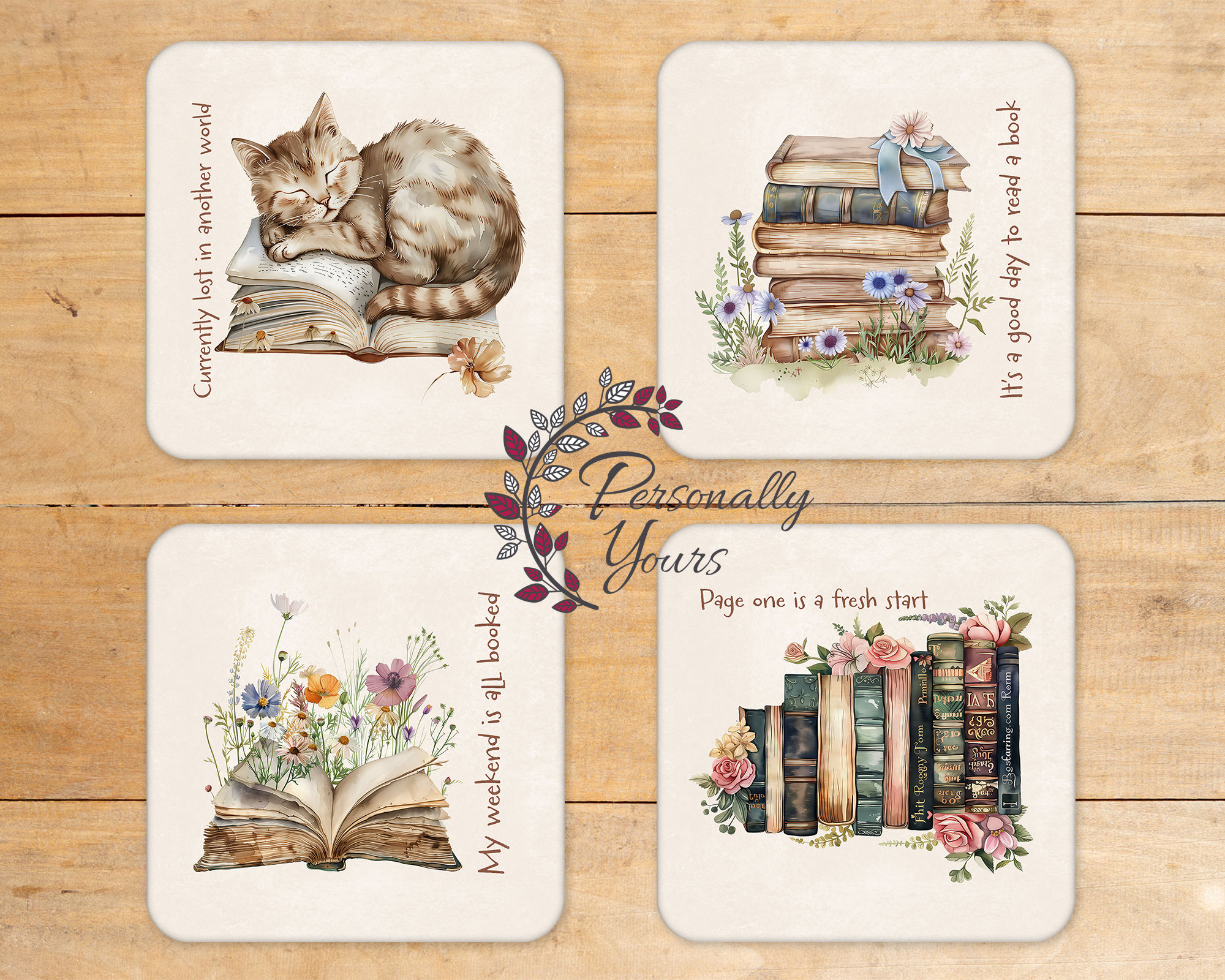 Set of four book-themed coasters featuring vintage books, florals, and reading quotes on a soft neutral background