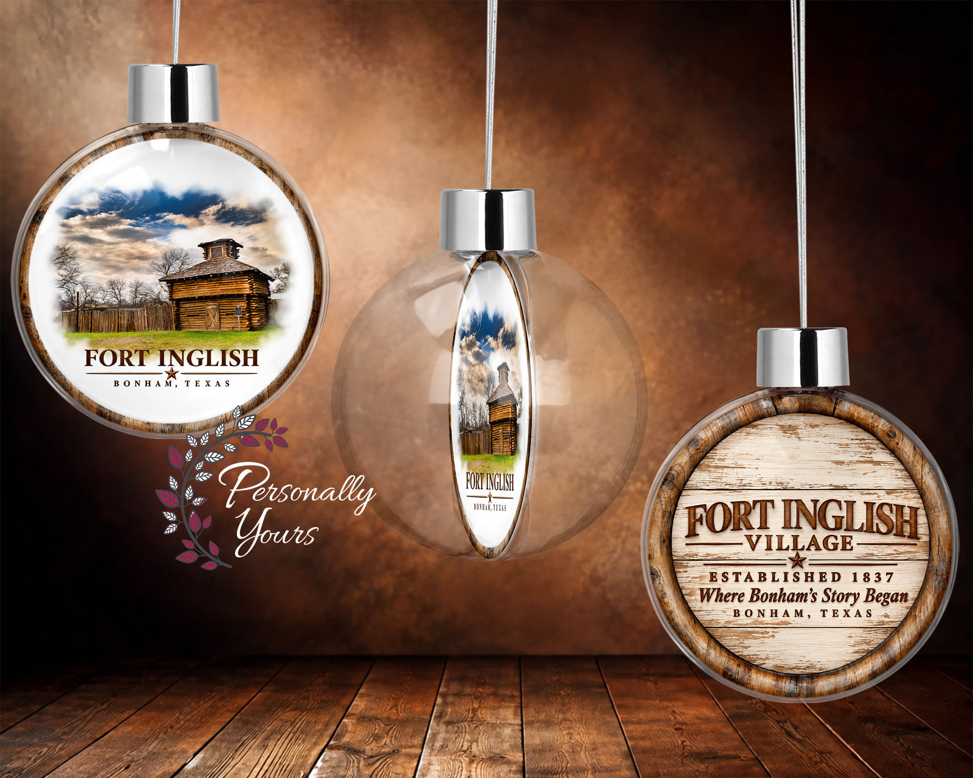 Double-sided Fort Inglish Village floating ornament featuring historic Bonham Texas artwork.