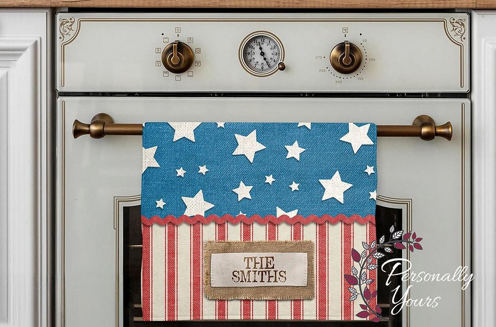 Personalized patriotic kitchen towel with vintage stars and stripes Americana design hanging on farmhouse oven handle