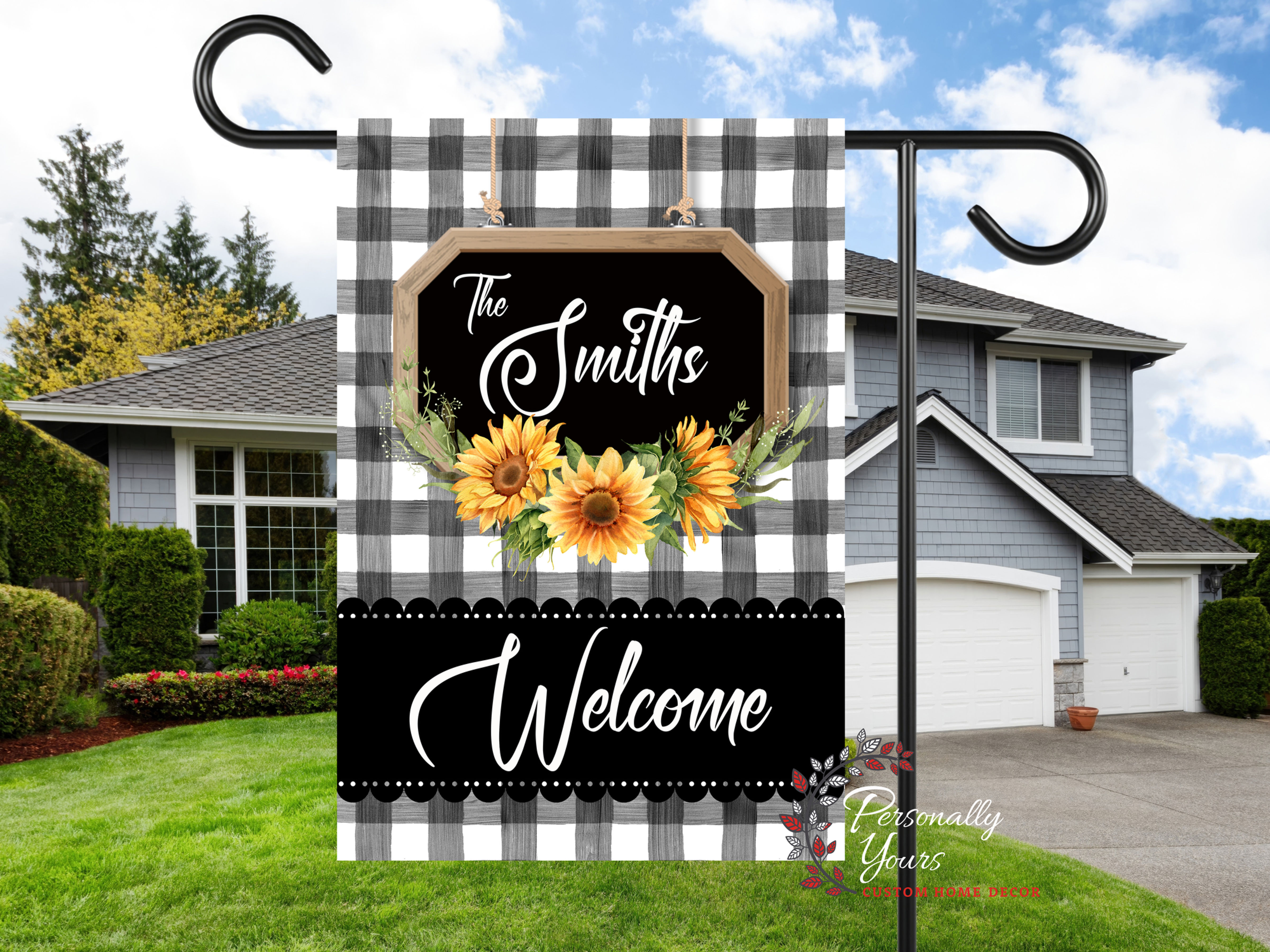 Personalized "Black Gingham and Scallop Sunflower" Fall Garden/Yard Flag