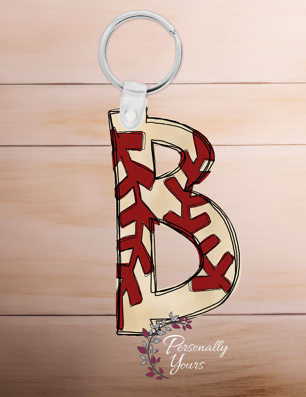 Thumbnail: Baseball letter B acrylic keychain with red stitching design and silver key ring