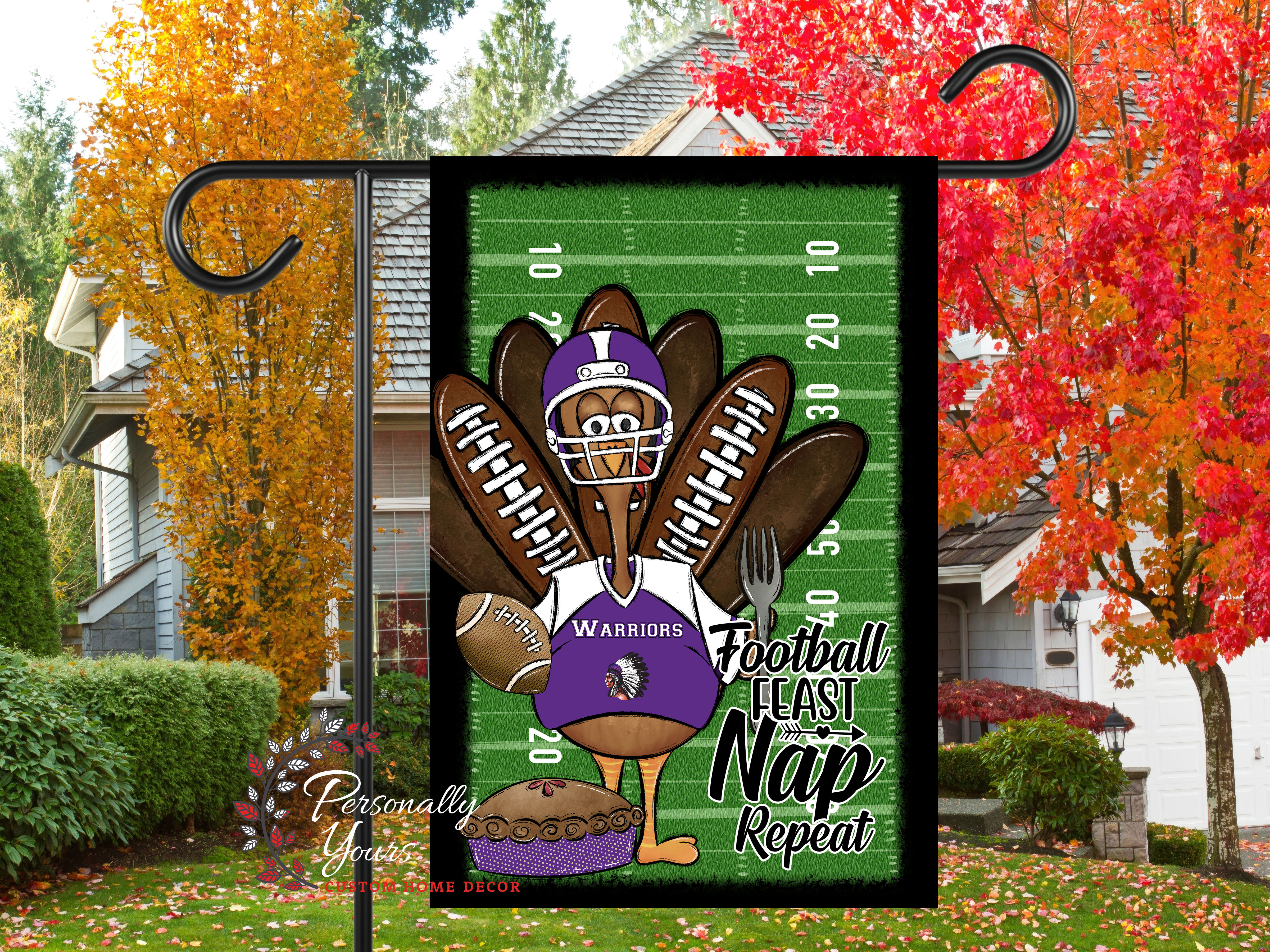 "Whimsical Bonham Warriors Turkey Football Feast Nap Repeat" Yard Flag