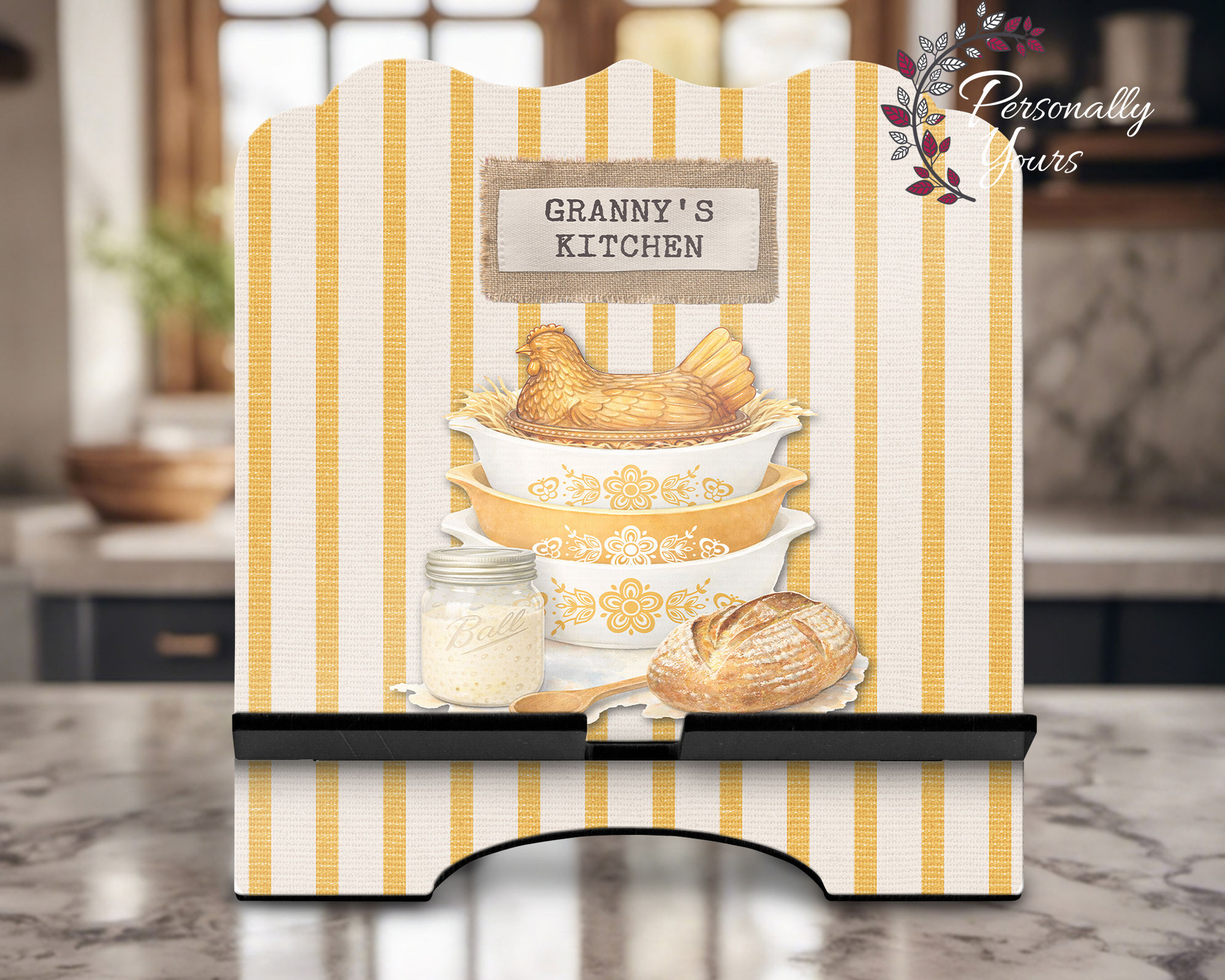 Personalized vintage hen cookbook stand decor in butterfly gold with yellow ticking stripes and custom Granny’s Kitchen name