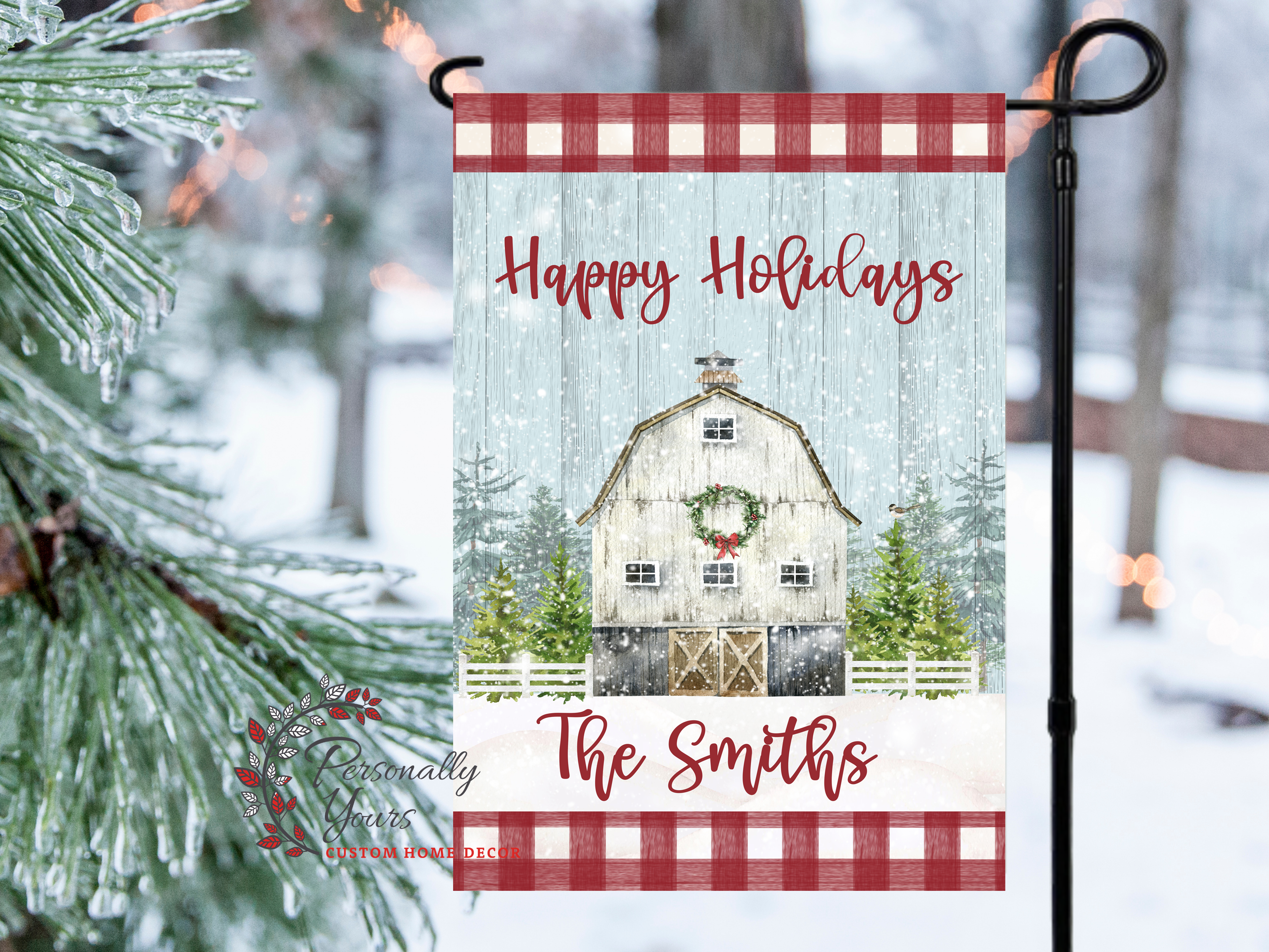 "Winter Barn Red Checkered" Yard Flag