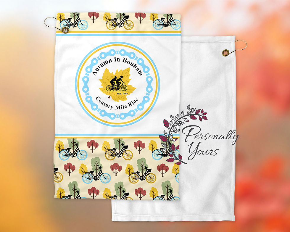 AIB rally towel with Autumn in Bonham Century Mile Ride logo and bicycle design