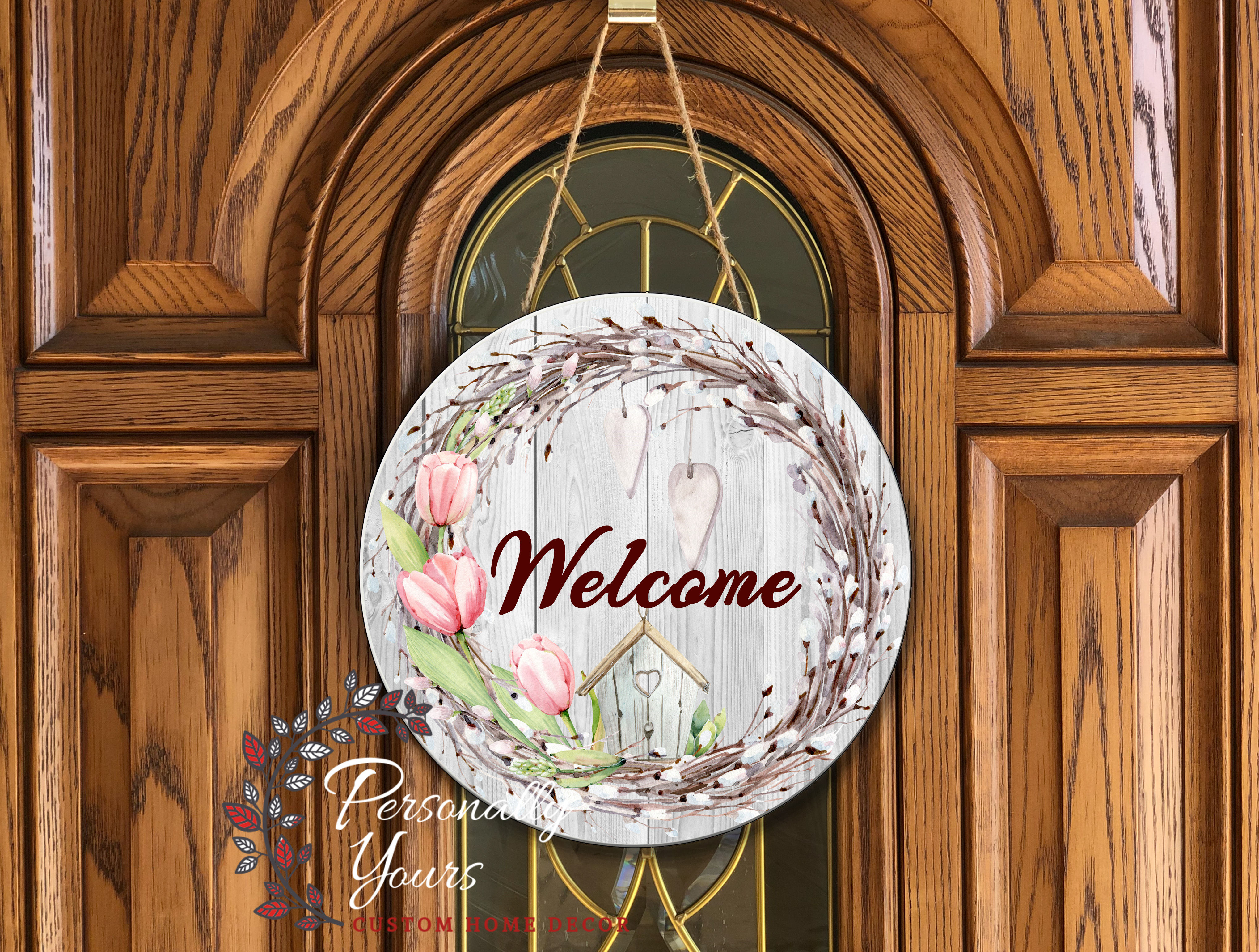 "Tulip Laurel Welcome" Round Door/Wall Hanger
