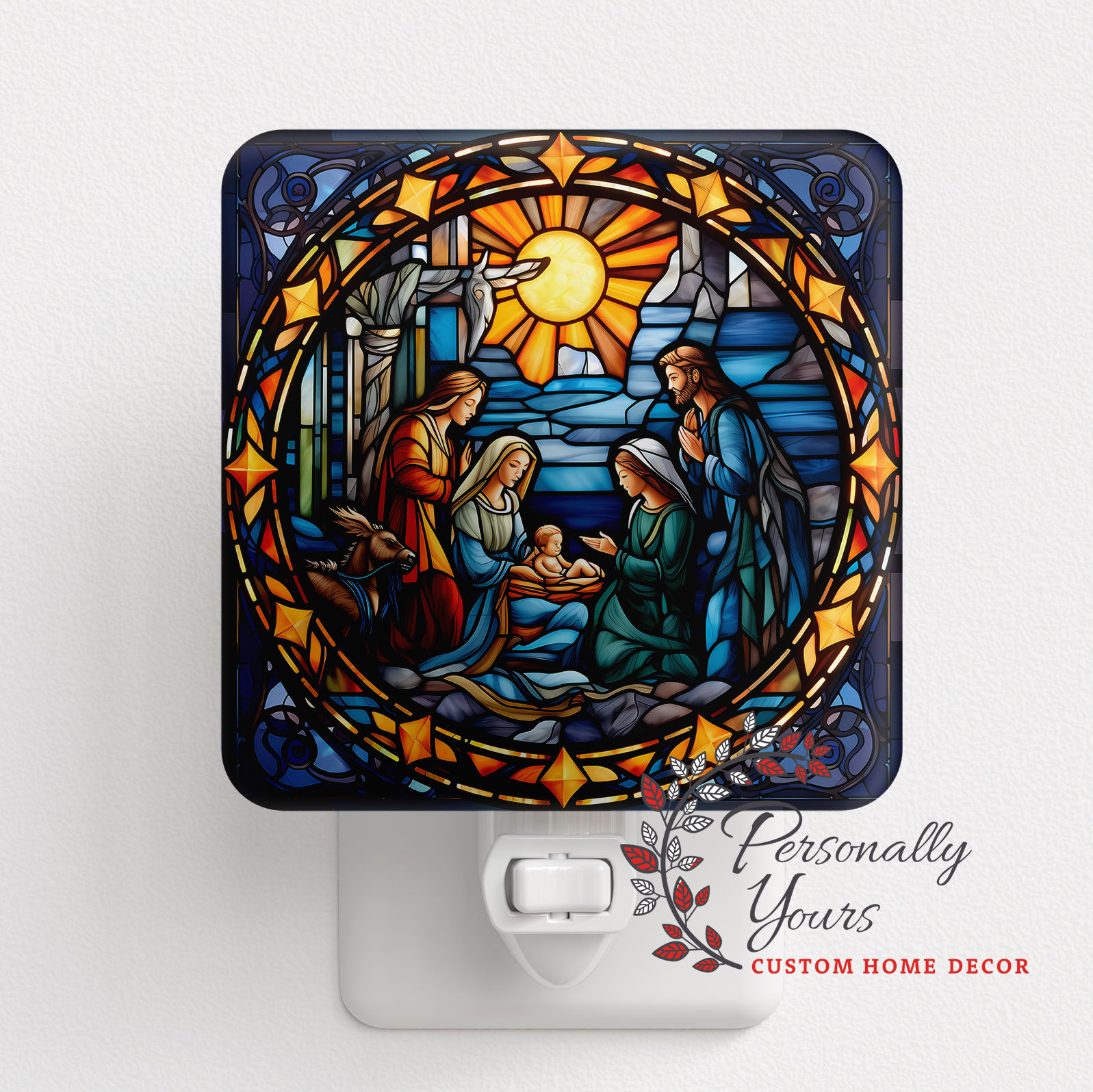 "Faux Stained Glass Nativity" Square Night Light