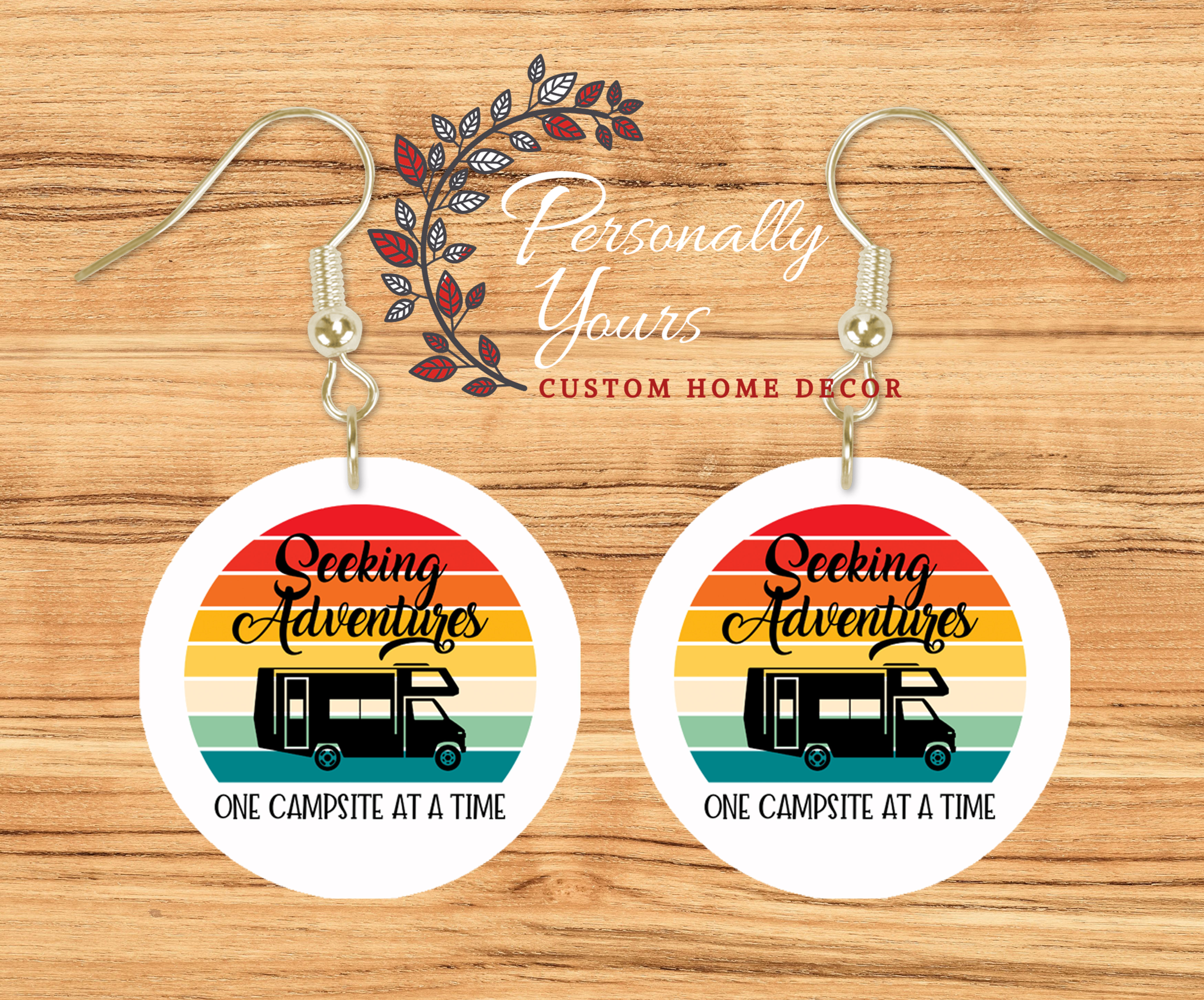 "Seeking Adventures One Campsite at a Time - Motor Home" Round Earrings