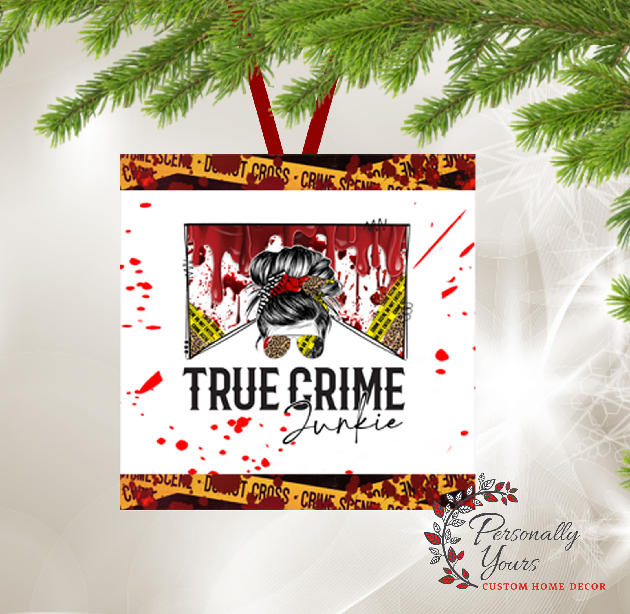 "Messy Bun - True Crime Junkie" Square Ornament