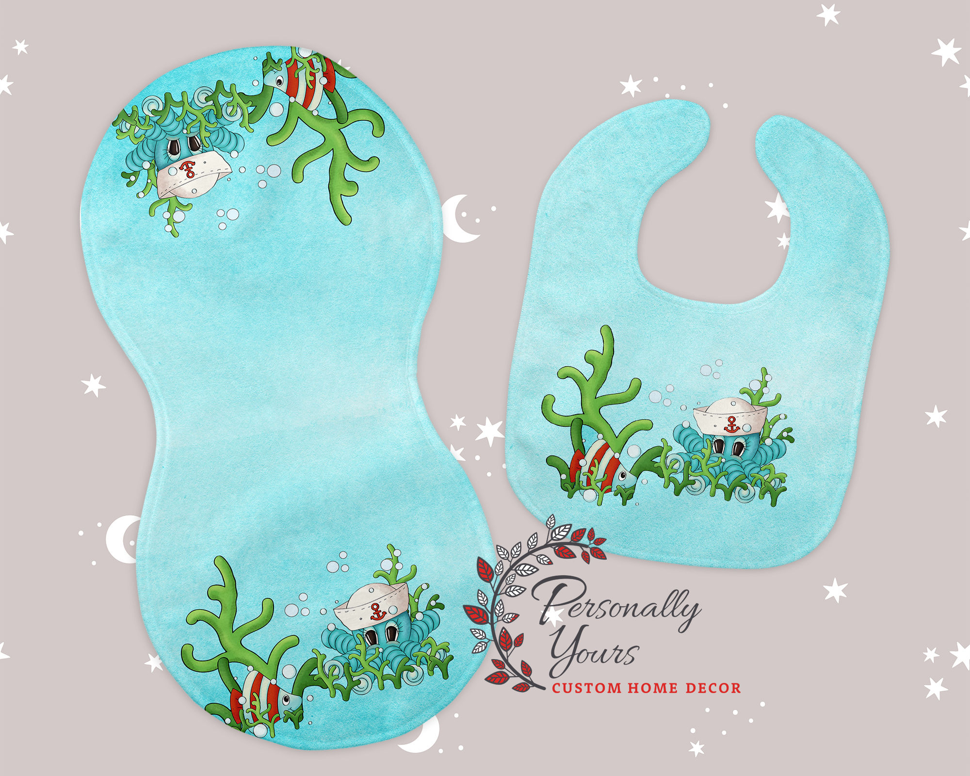 "Under the Sea" Baby Bib and Burp Cloth Set