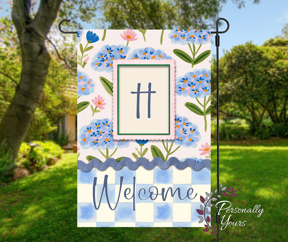 Blue watercolor floral welcome yard flag with monogram frame, textured ric rac trim, and soft blue checkered background.