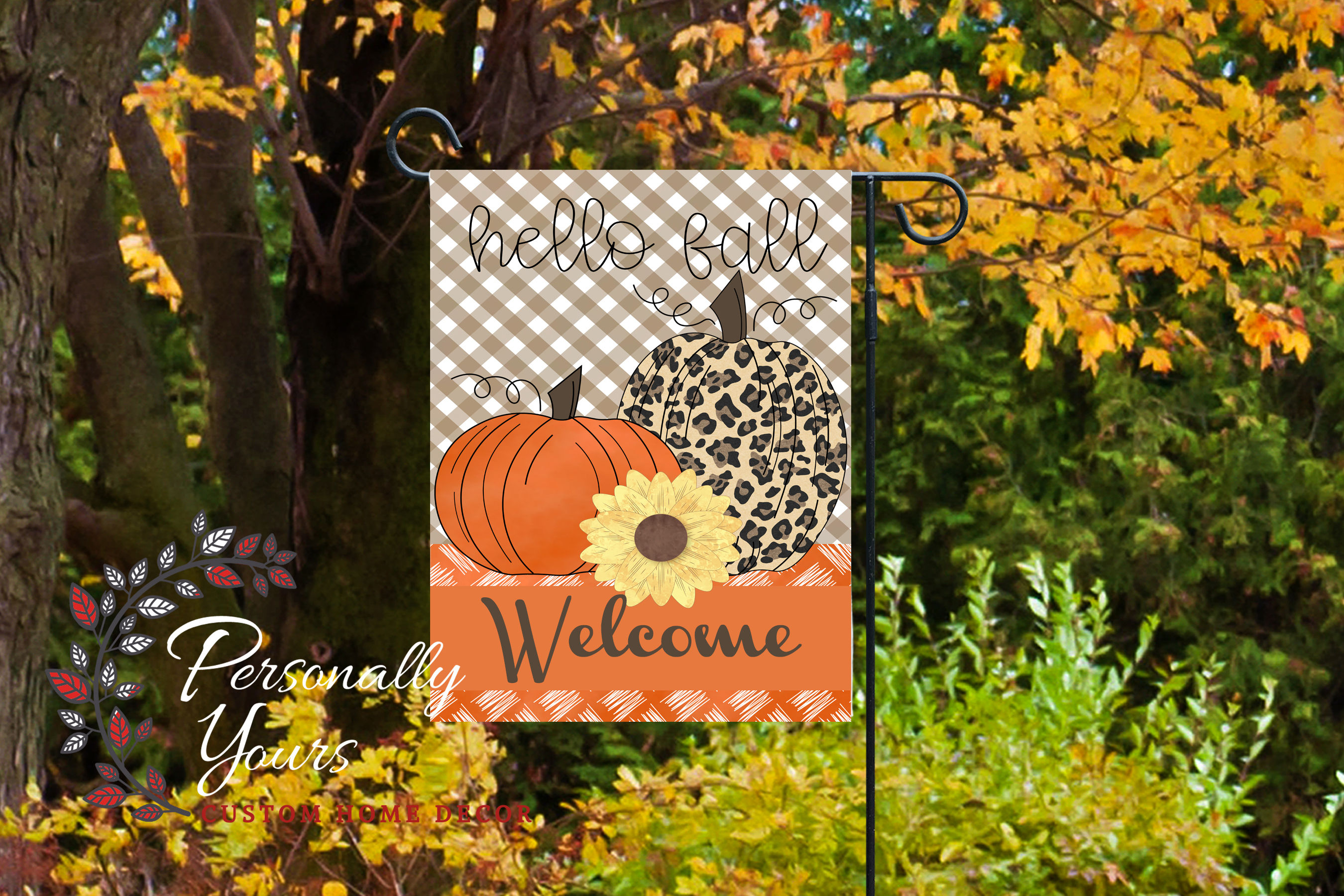 "Hello Fall Cheetah Pumpkin Welcome" Yard Flag