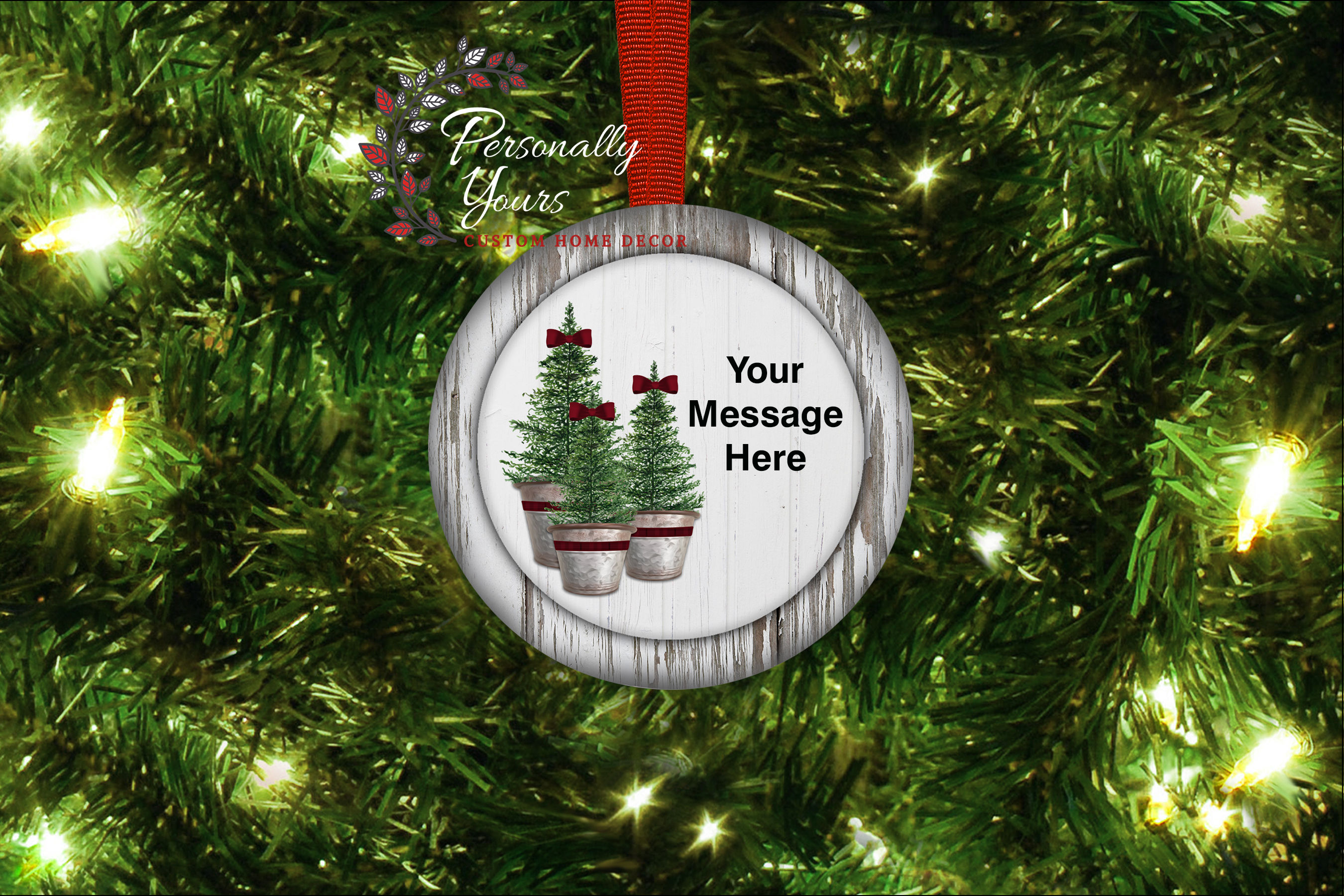"Farmhouse Three Christmas Trees" Round Ornament