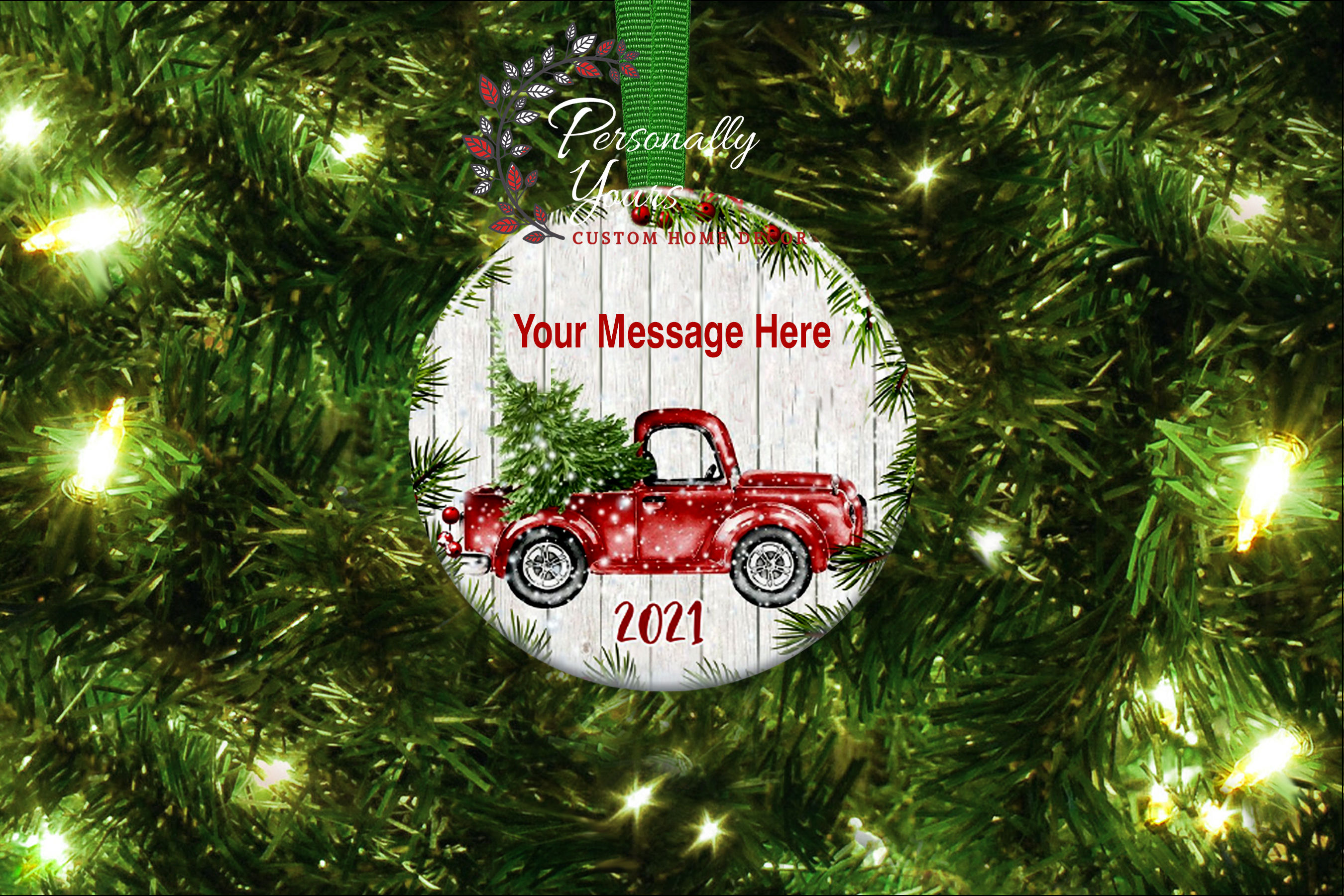 "Farmhouse Red Truck w/Tree" Round Ornament