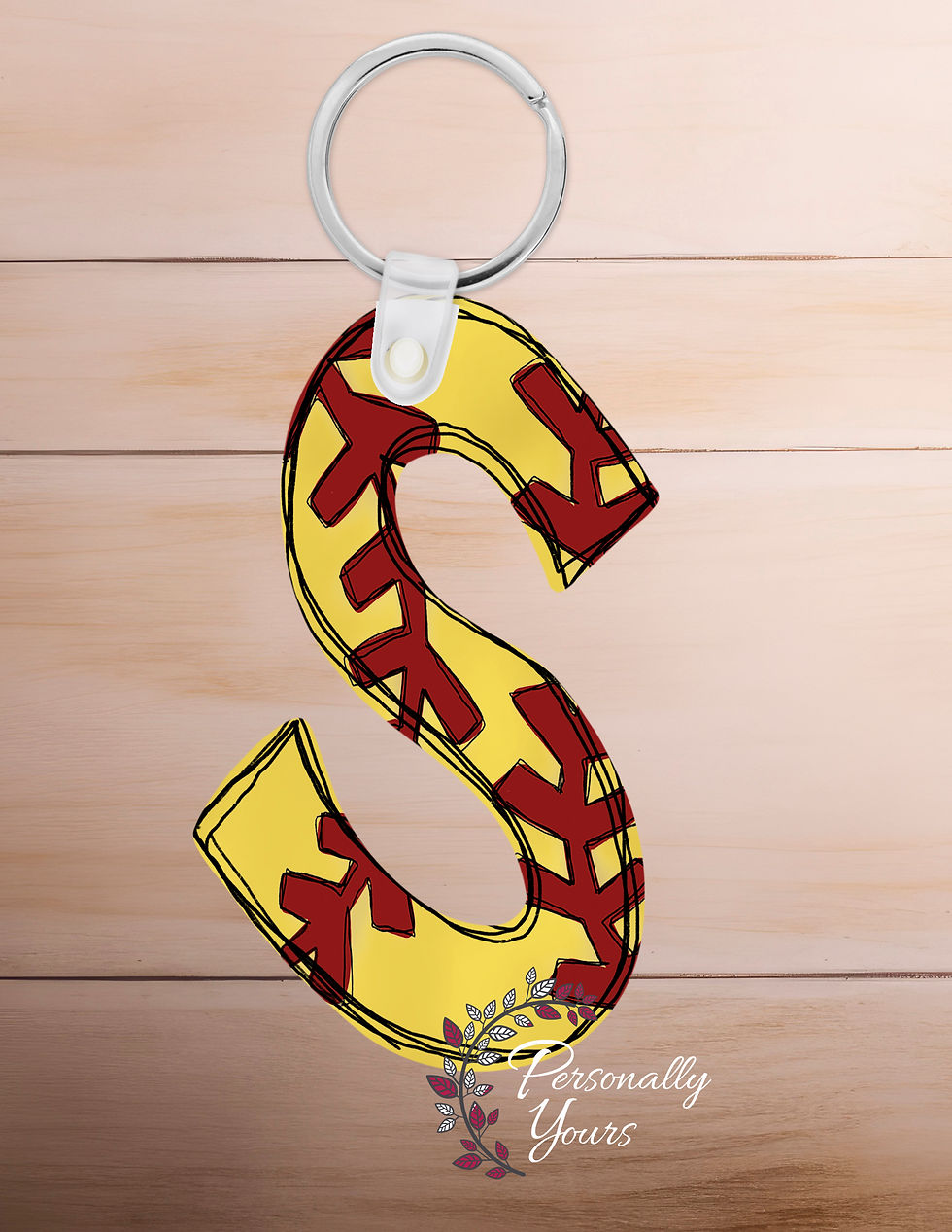 Thumbnail: Softball letter S acrylic keychain with yellow background and red stitching design