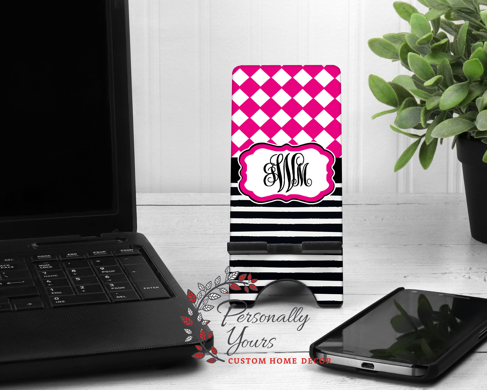"Hot Pink Harlequin n Black Striped Presidio Monogram" Phone Stand