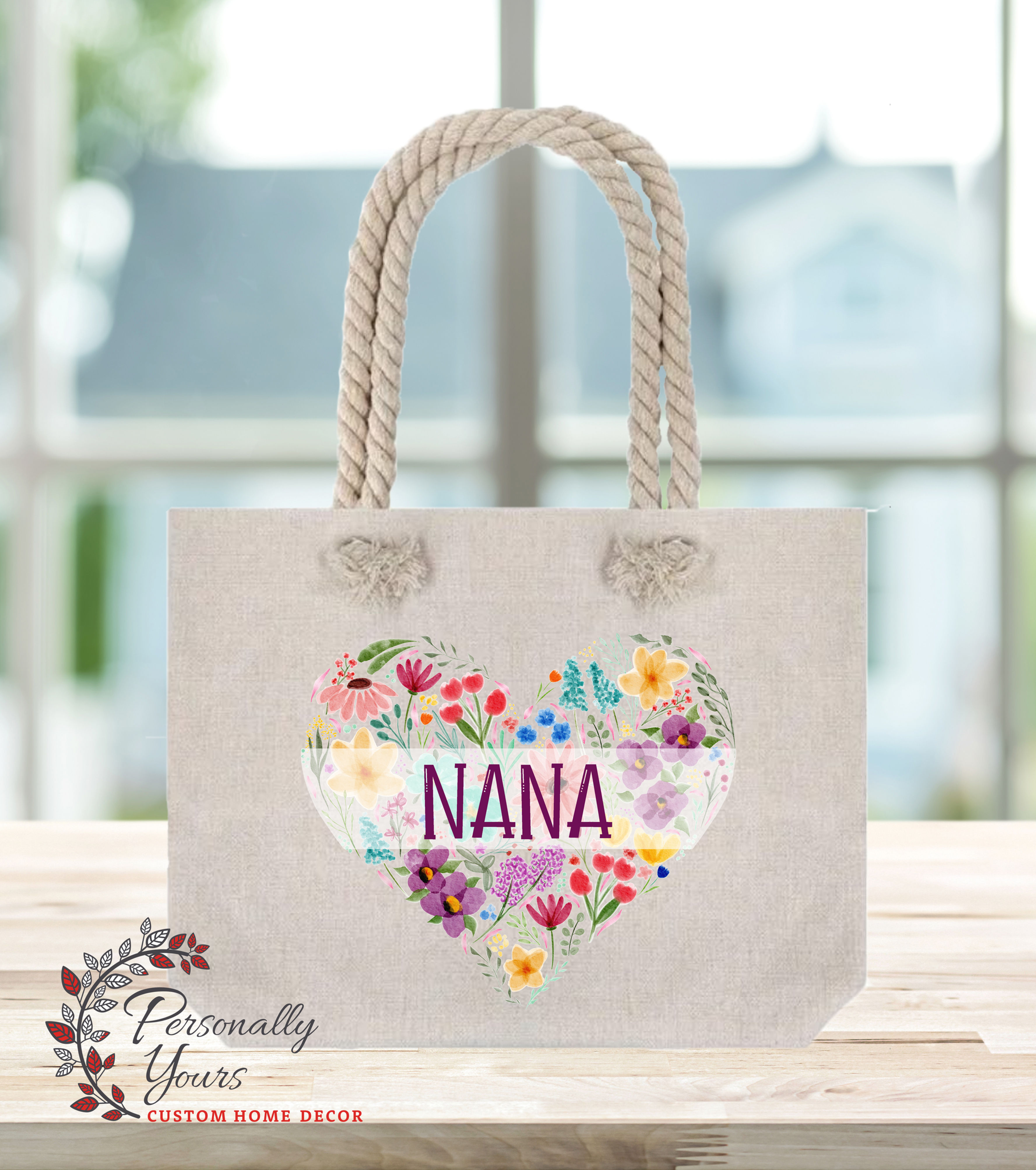 "Floral Heart Nana" Rope Handled Tote Bag