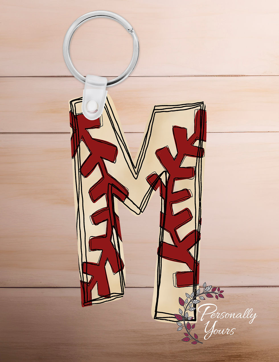Thumbnail: Baseball letter M acrylic keychain with red stitching design and silver key ring